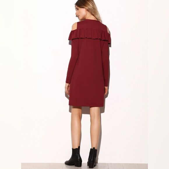 ✨Burgundy Cold Shoulder Ruffle Trim Shift Dress✨ - Picture 3 of 5
